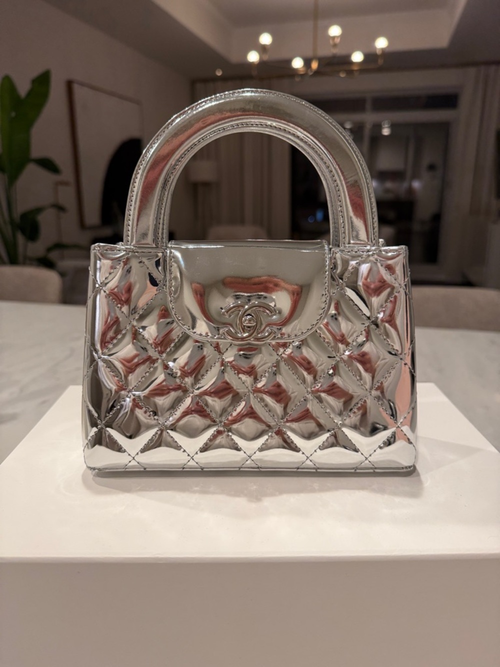 CHANEL Quilted Metallic Silver Mini Shopping Bag